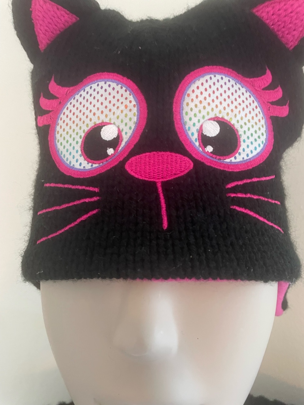 Cat Face Fleece Hat with Ear Flaps Lined in Hot Pink OS